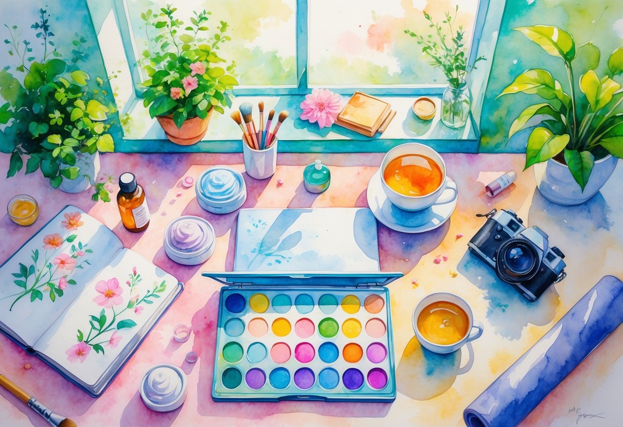 A peaceful workspace with beauty tools, plants, art supplies, a camera, and a yoga mat arranged to represent hobbies for estheticians and beauty professionals.