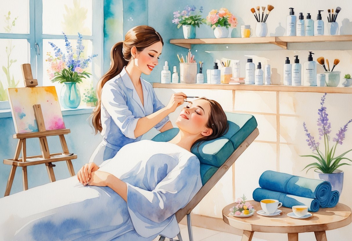 A beauty professional applying a facial treatment to a client in a cozy studio with items like painting supplies, gardening tools, books, yoga mat, and a cup of tea nearby.