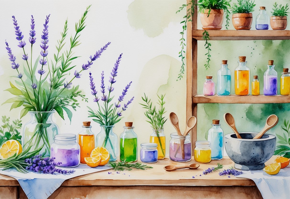 A peaceful skincare workspace with natural ingredients, jars, mixing tools, and plants arranged on a wooden table and shelves.