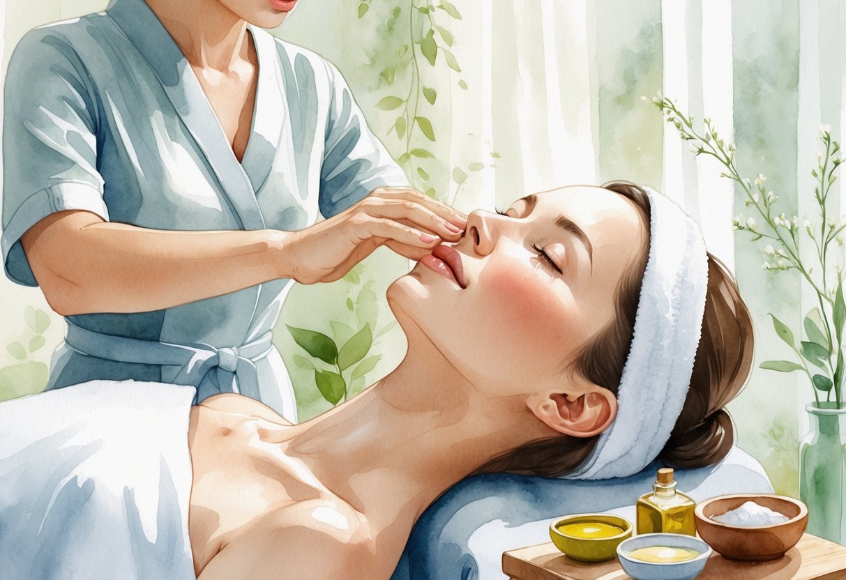 A professional giving a gentle facial massage to a relaxed client in a peaceful spa setting.