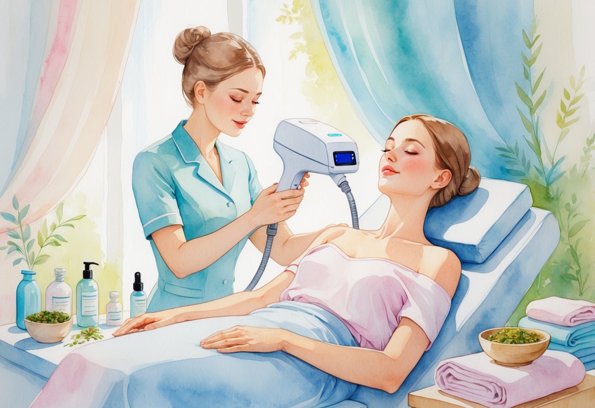 A beauty professional performing a laser hair removal treatment on a client's arm in a calm studio setting with skincare products nearby.