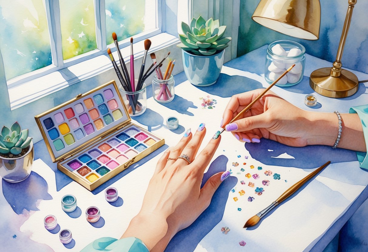 A workspace with manicured hands painting detailed nail art using brushes and colorful nail polish, surrounded by beauty tools and small plants.