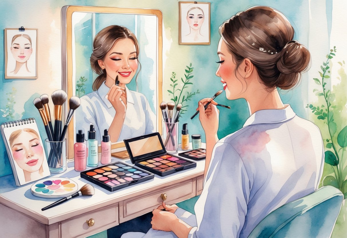 A beauty studio with an esthetician applying makeup to a client at a vanity table filled with makeup tools and products.