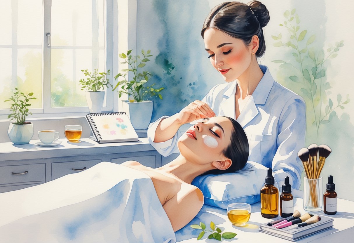 An esthetician applying a facial treatment to a client in a calm beauty studio with skincare products and hobby items around them.