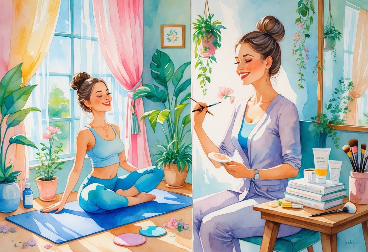 A beauty professional practicing yoga, painting flowers, and reading books in a bright, cozy studio filled with plants and skincare items.