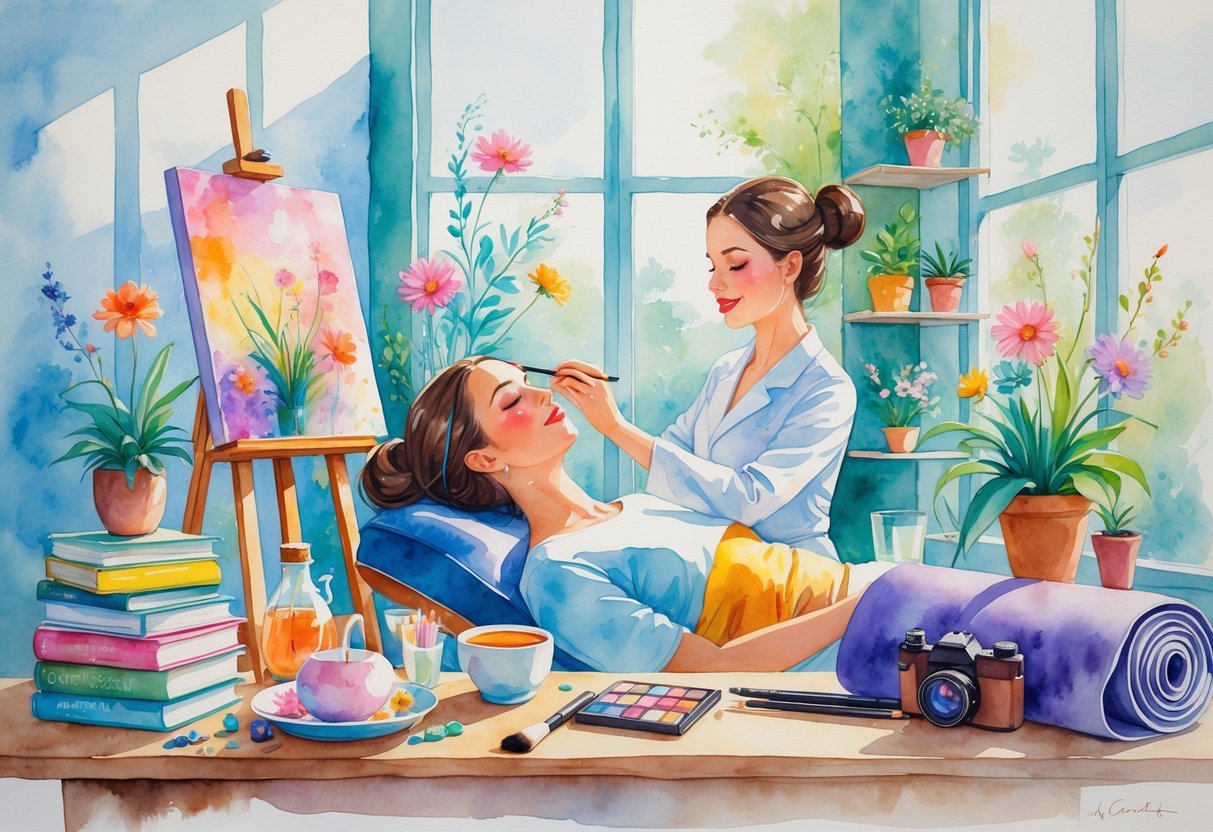 A beauty studio with an esthetician treating a client, surrounded by items representing hobbies like painting, reading, flowers, yoga, and photography.