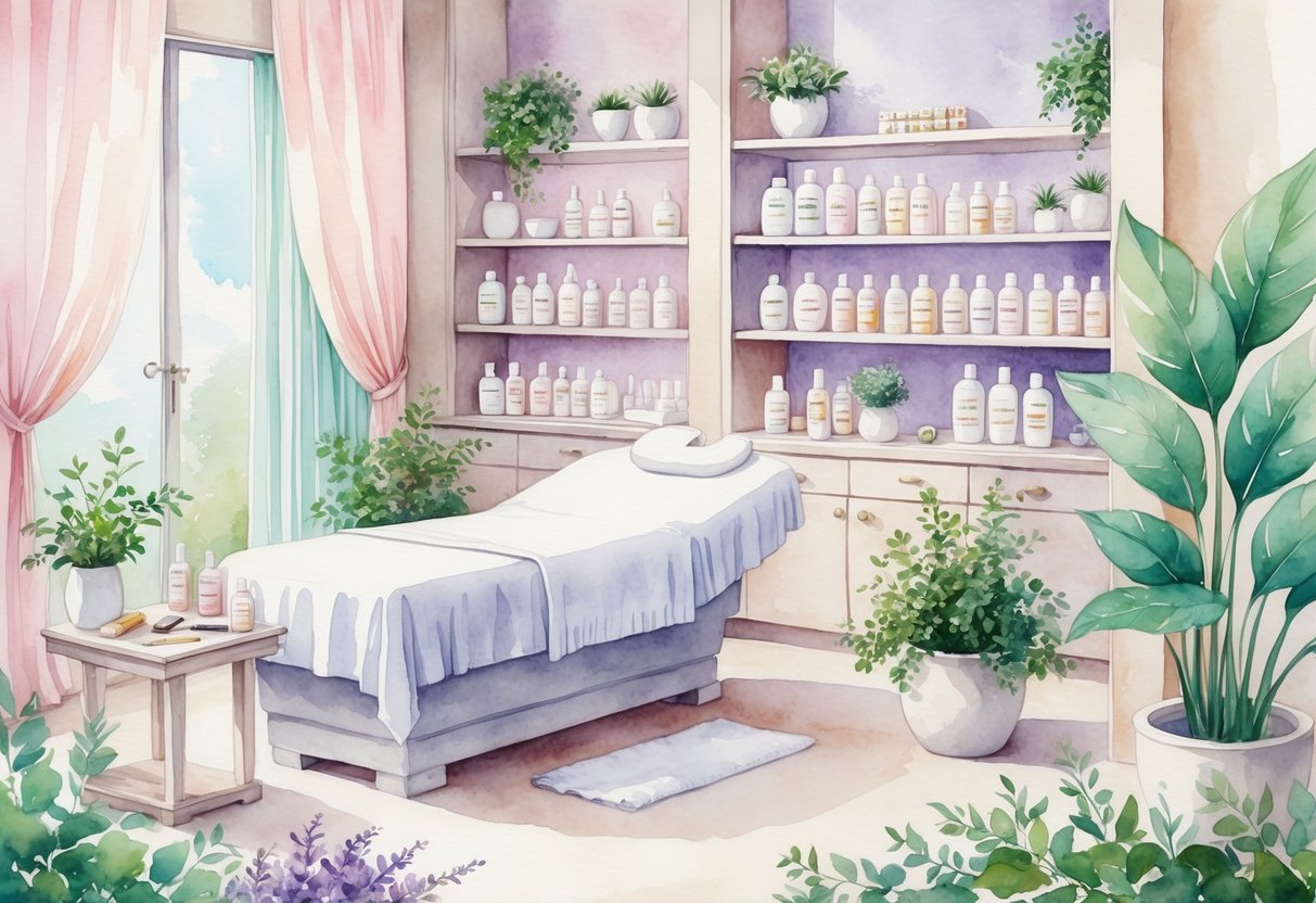 A peaceful beauty studio with a treatment bed, skincare products, tools, and green plants arranged in a calm and inviting space.