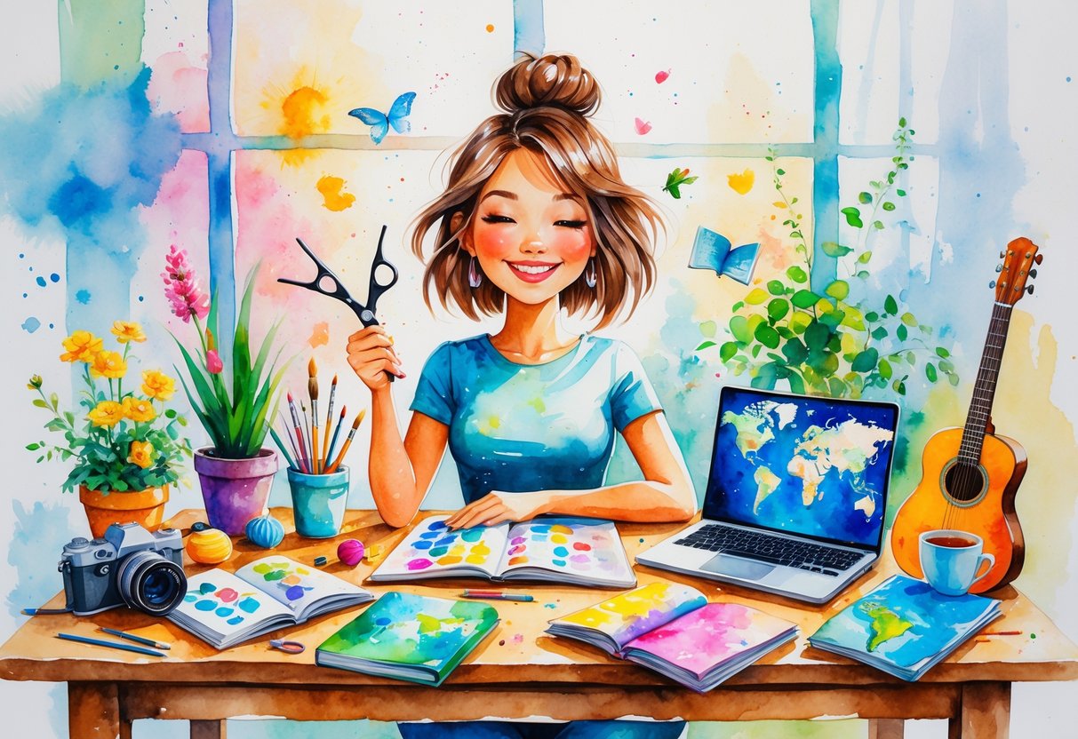 A hair stylist sitting at a table surrounded by objects representing hobbies like painting, photography, yoga, gardening, reading, knitting, music, tea, and travel.