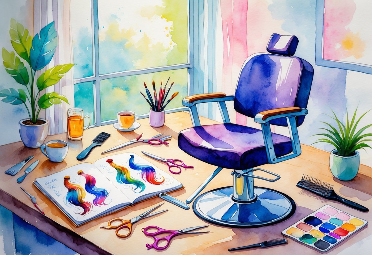 A hair stylist's workspace with a salon chair, hair styling tools, a sketchbook, a potted plant, and art supplies arranged on a wooden table near a bright window.