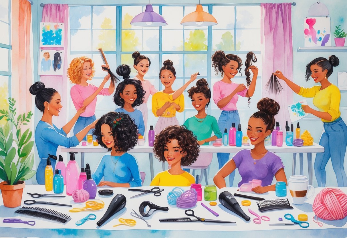 A group of diverse hair stylists sharing techniques and practicing hairstyles together in a bright, welcoming workshop filled with hairstyling tools and hobby items.