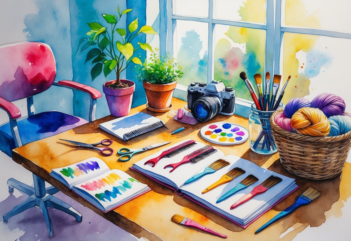 A cozy workspace with hair styling tools, a sketchbook, plants, a camera, knitting materials, and a cup of coffee arranged on a wooden table near a window.