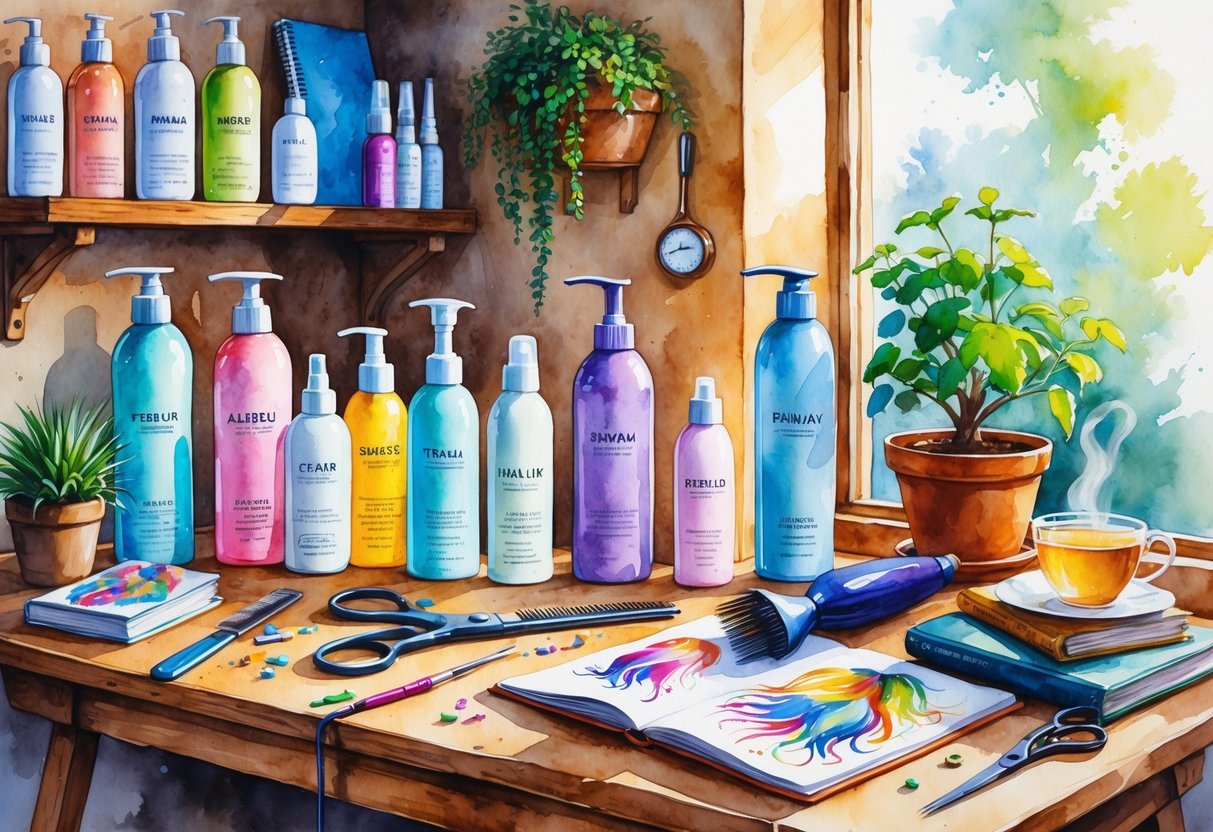 A cozy workspace with hair care products, stylist tools, a sketchbook, a plant, a cup of tea, and an open book on a wooden table near a window.