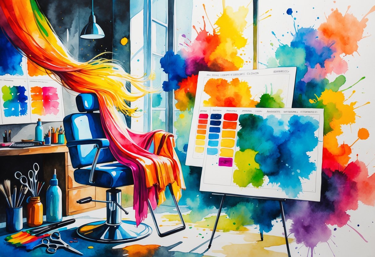 A hairstylist's workspace with colorful fabrics, hair tools, and paint swatches surrounded by bright splashes of color.