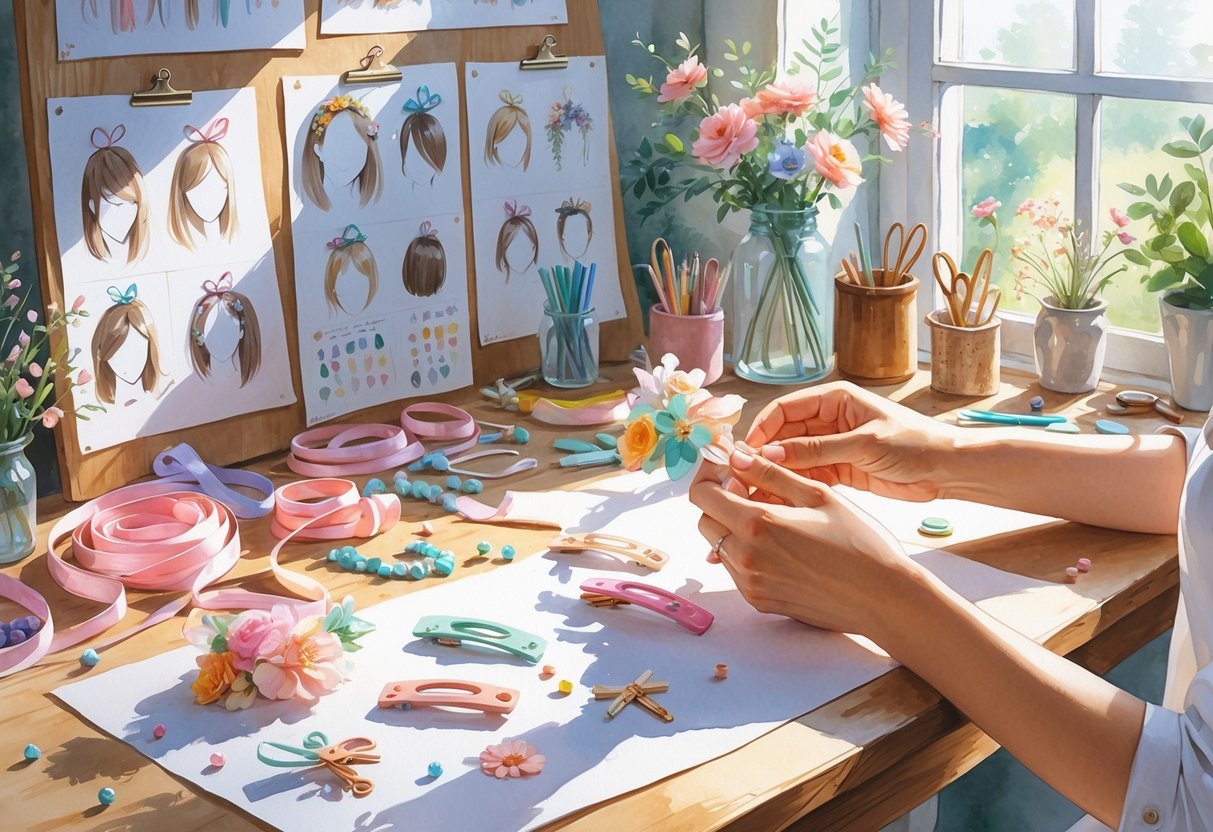 A sunlit workspace with hands crafting a decorative hair accessory surrounded by ribbons, beads, and sketches.
