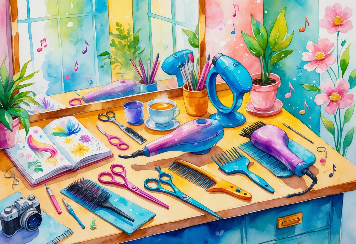 A hairstylist's workspace with tools, a sketchbook, plants, yarn, a camera, and musical notes arranged in a cozy salon corner.