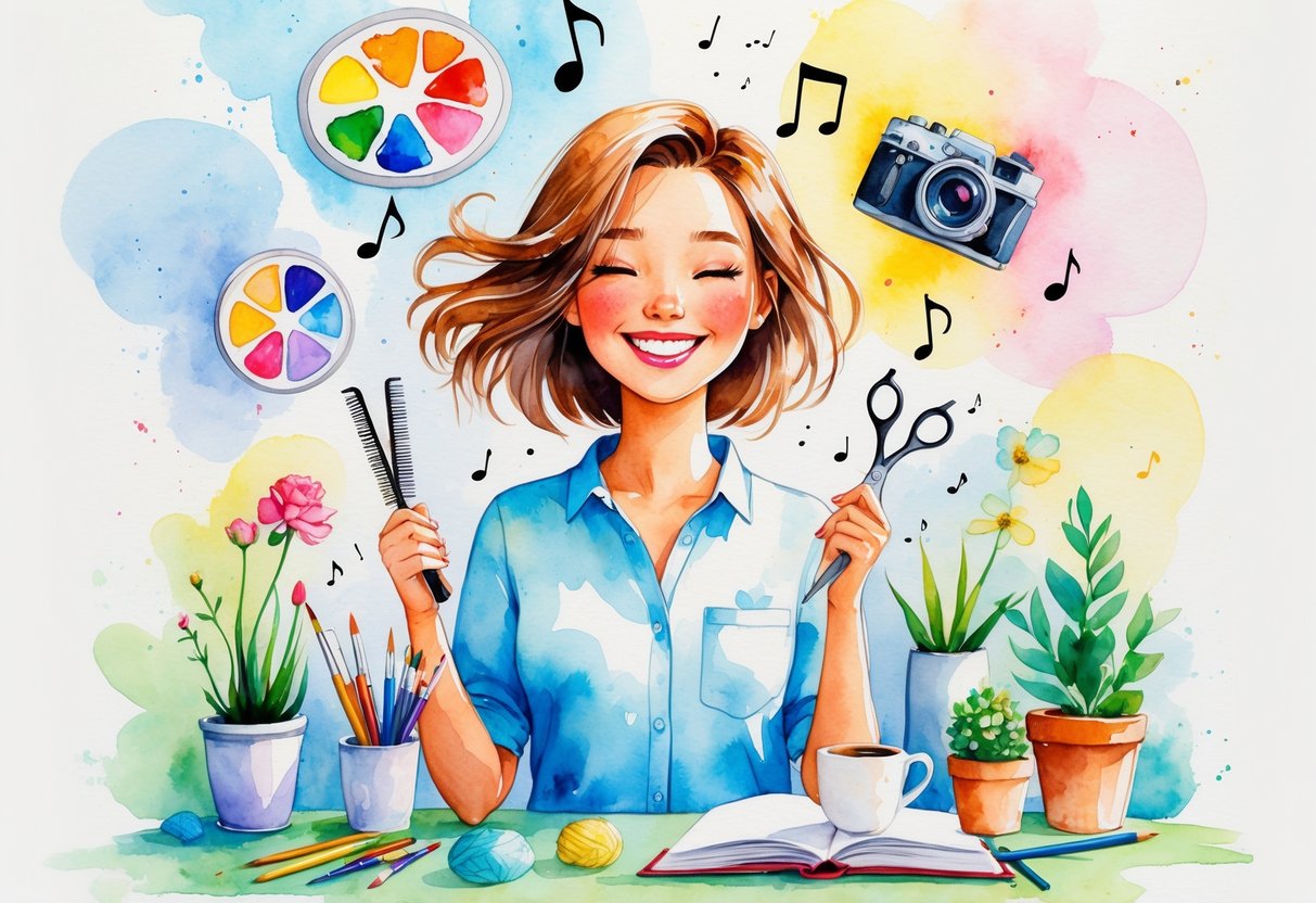 A hair stylist smiling surrounded by illustrations of hobbies like painting, photography, reading, music, knitting, cycling, plants, coffee, and sketching.