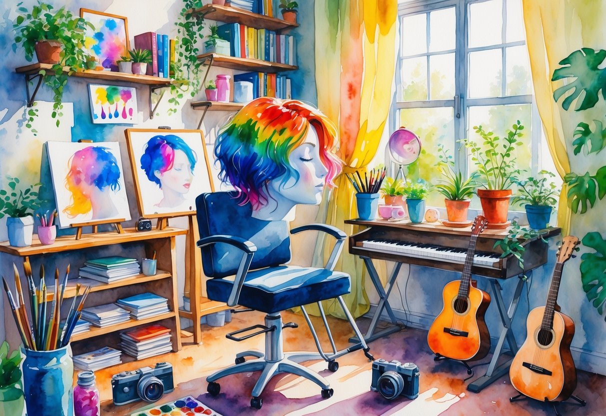 A cozy studio with a stylist's chair, mannequin head with colorful hair, art supplies, musical instruments, and plants near a sunlit window.