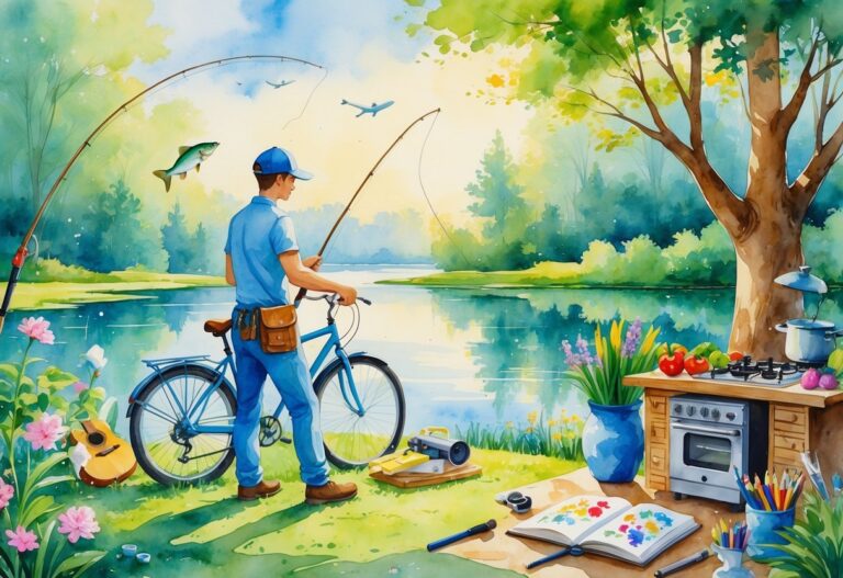 A person relaxing outdoors surrounded by fishing gear, gardening tools, a bicycle, a guitar, a book, cooking items, a camera, a model airplane, a sketchpad with pencils, and a chessboard.