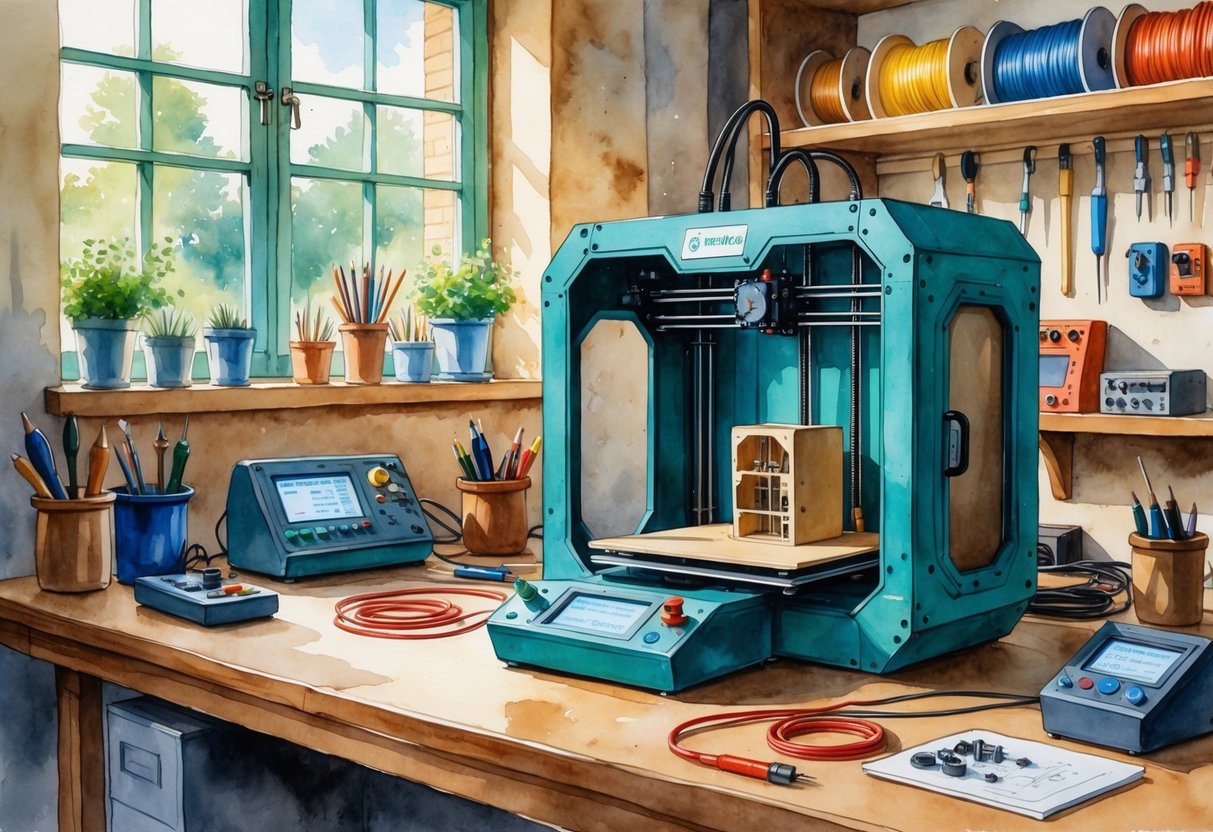 A workshop with a 3D printer making an electrical enclosure, surrounded by electrician tools and electronic components on a workbench.