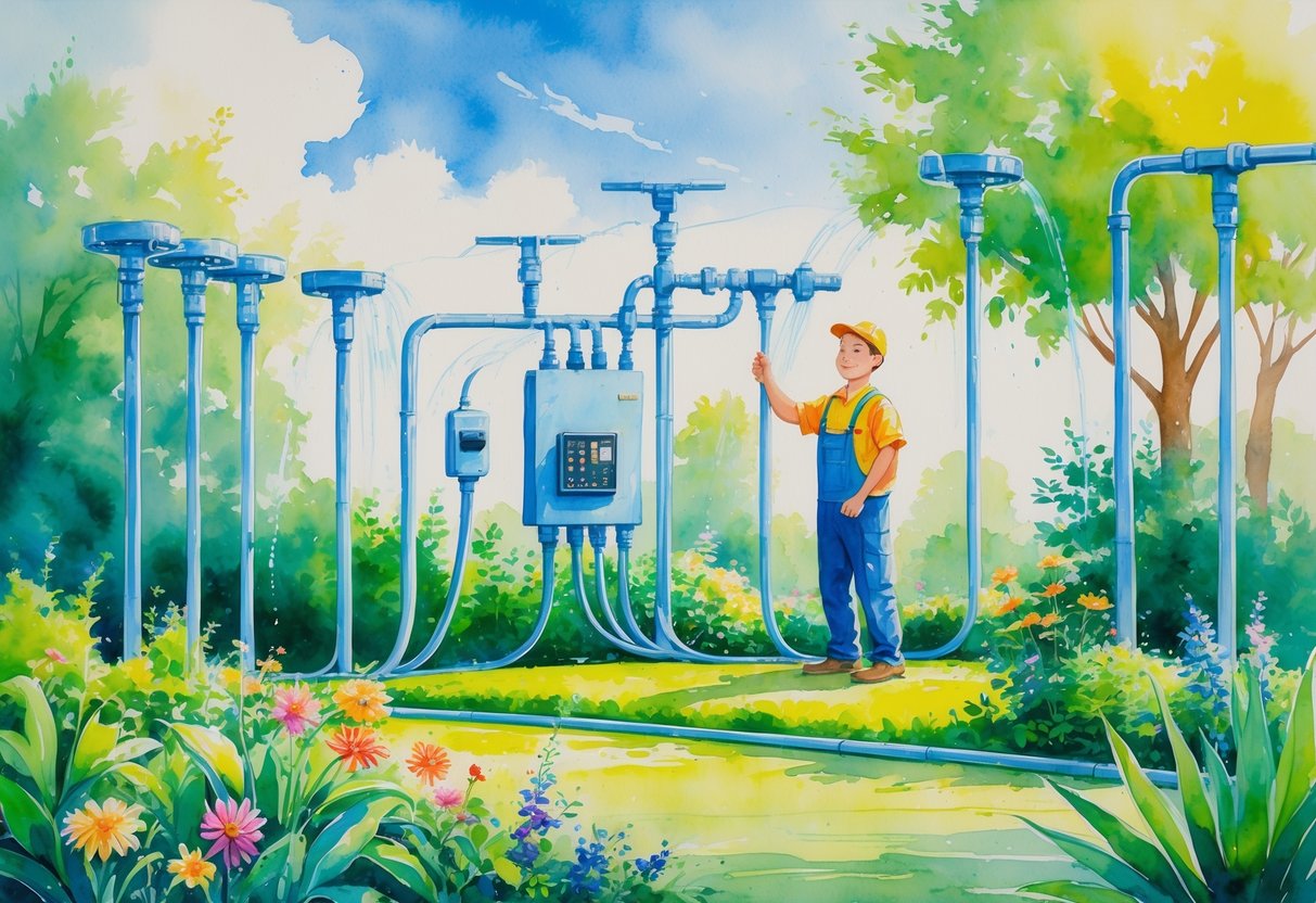 A person adjusting an electrical irrigation system watering a garden with green plants and colorful flowers under a sunny sky.