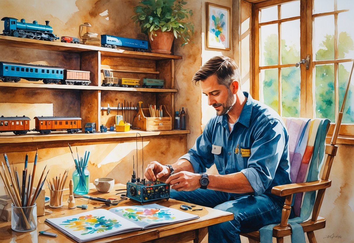 An electrician in a cozy room surrounded by hobby items like a model train, woodworking tools, a fishing rod, and a sketchbook, working on a small electronic project.