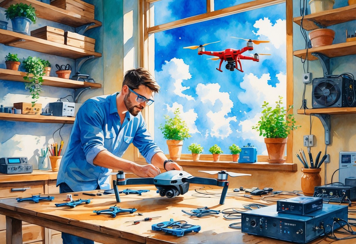 An electrician assembling a drone in a workshop with tools on a workbench and a drone flying outside a window.