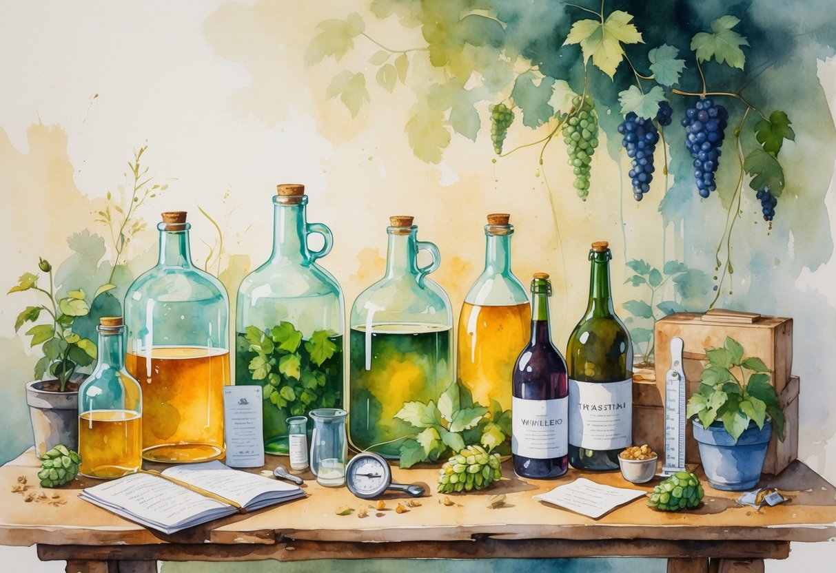 A home setup with glass containers, bottles, brewing tools, and ingredients for making beer and wine on a wooden table.