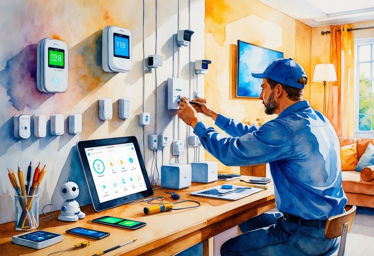 An electrician installing smart home devices inside a cozy living room with electronic gadgets and tools nearby.