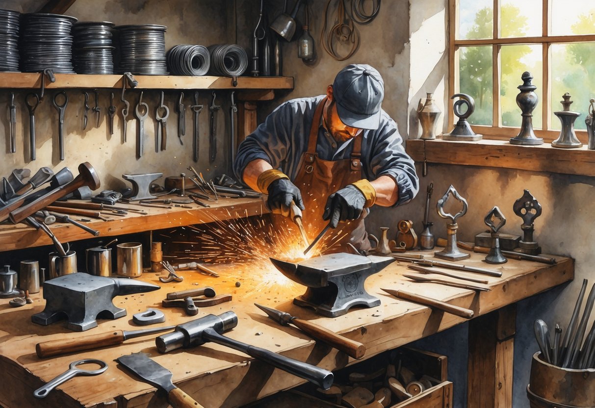 A workshop with a workbench, metalworking tools, a person shaping heated metal, and finished metal art pieces displayed nearby.