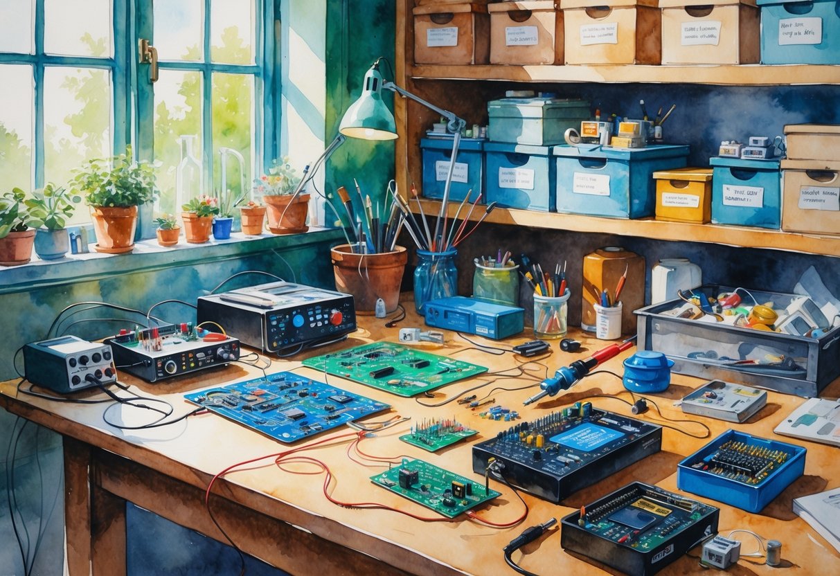 A cozy workspace with a wooden table covered in electronic circuit boards, wires, tools, and small robotic parts, with shelves of components in the background.