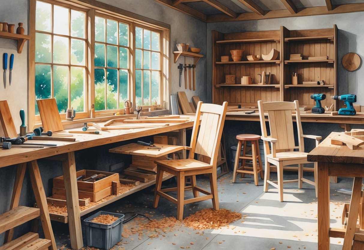 A woodworking workshop with custom furniture pieces, hand tools, and electric tools arranged on a workbench and shelves.