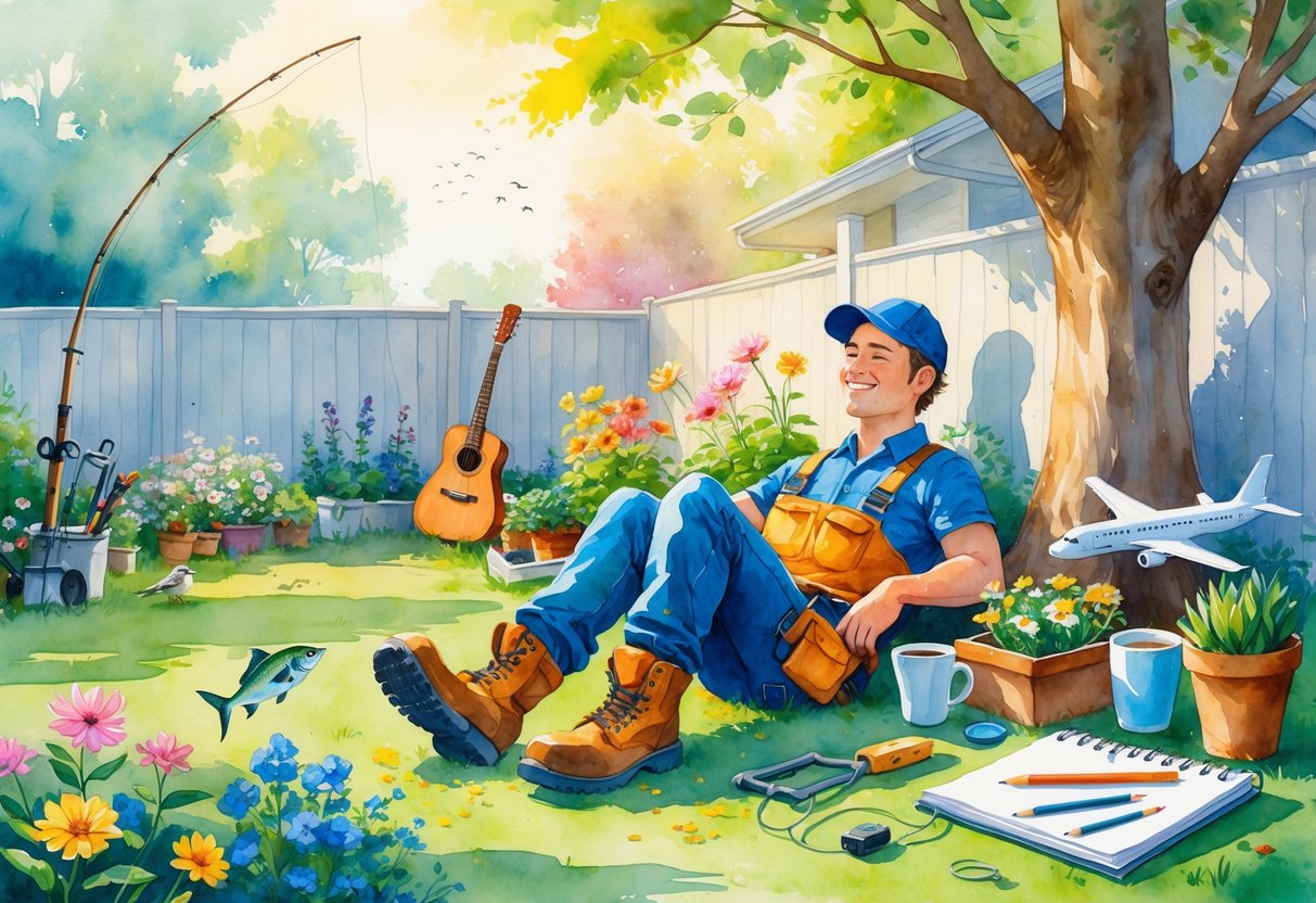An electrician enjoying hobbies outdoors, surrounded by fishing gear, a guitar, a garden, a model airplane, and art supplies in a peaceful backyard.