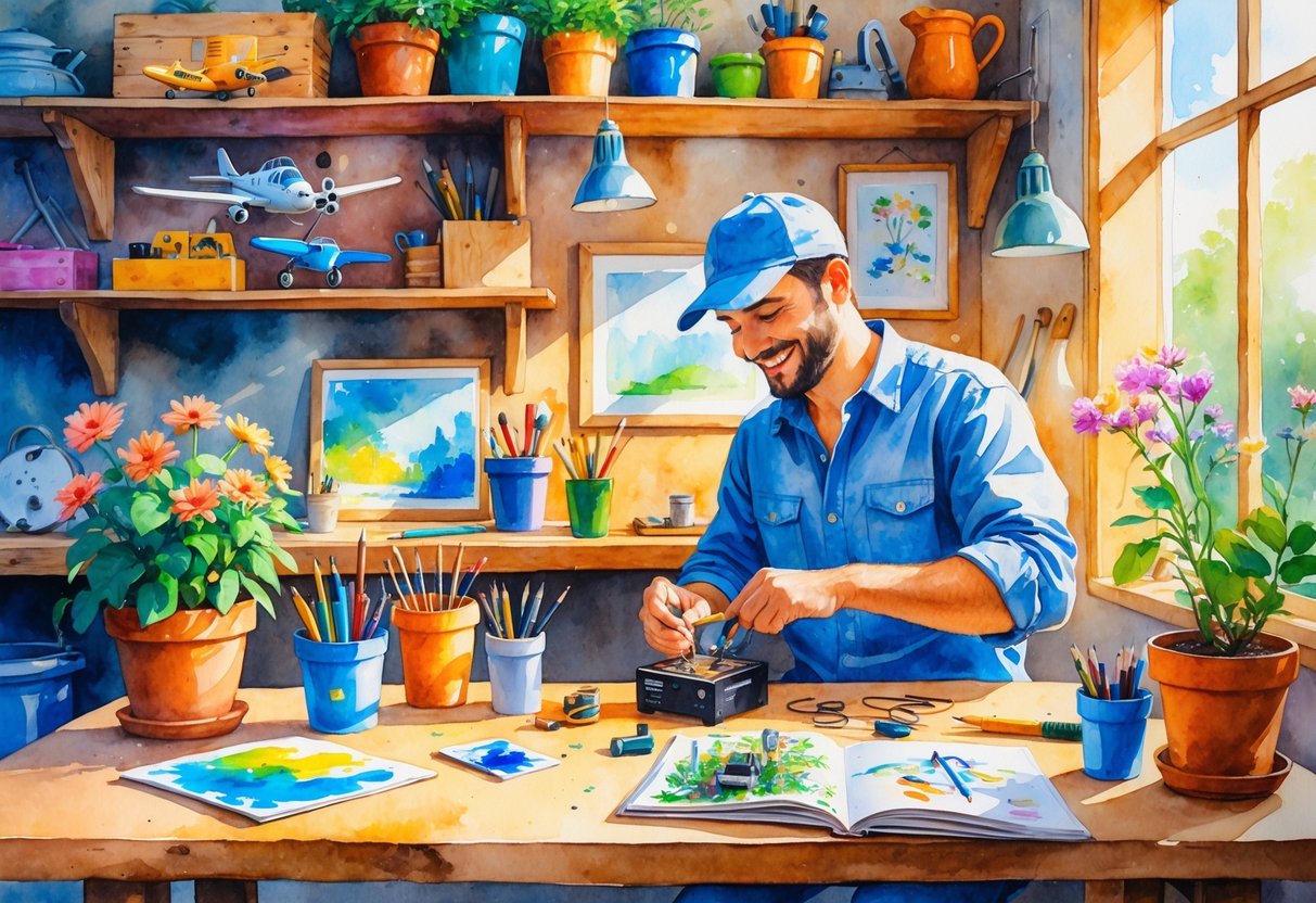 An electrician in a workshop happily working on a small electronic project surrounded by hobby supplies like plants, musical instruments, and art materials.
