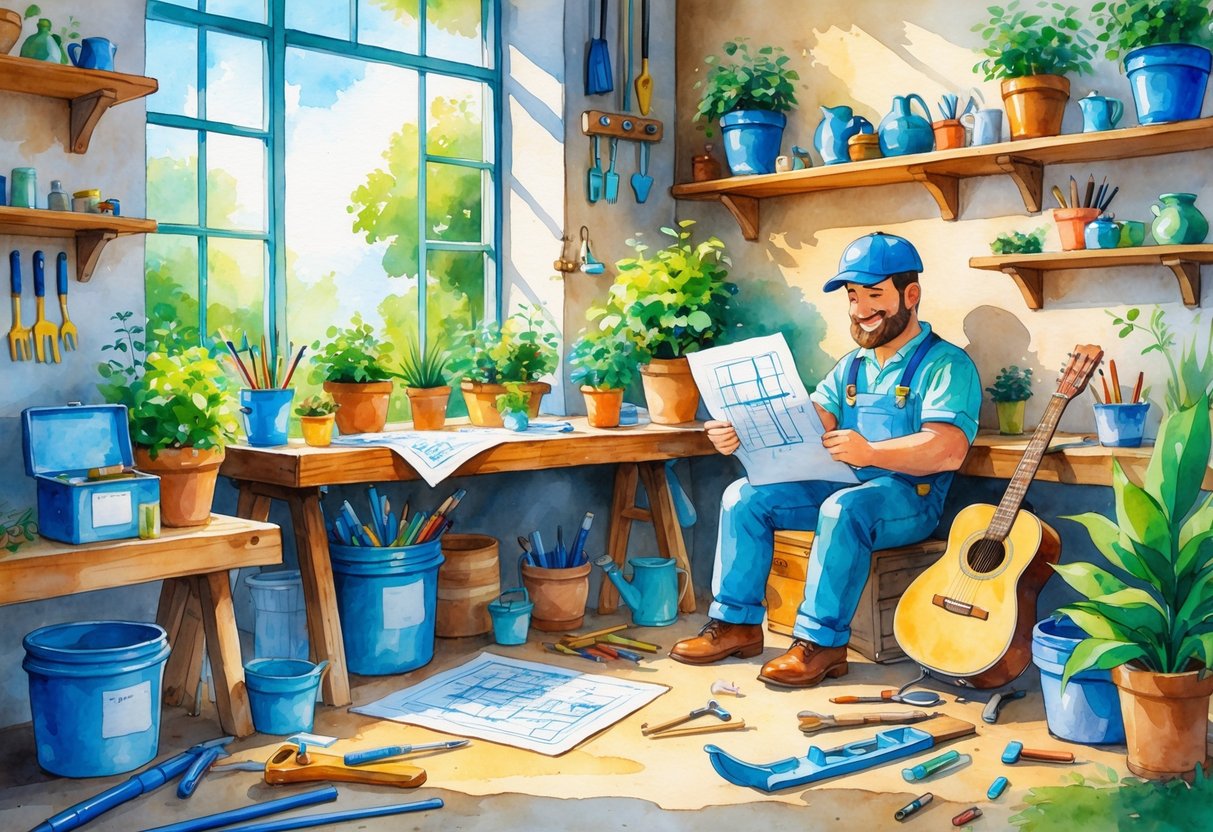A plumber enjoying a creative break in a workshop surrounded by tools, plants, a model boat, and a guitar.