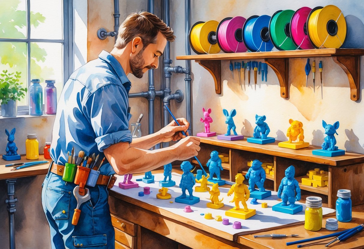 A plumber painting small 3D printed miniatures at a wooden workbench in a cozy workshop filled with shelves of colorful materials and tools.