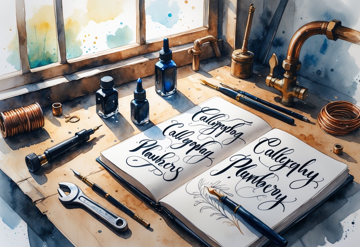 A workspace with calligraphy tools, an open notebook with elegant writing, and plumbing items like a wrench and copper pipe on a wooden table.