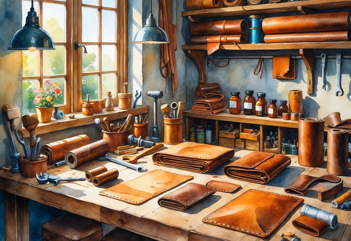 A workshop with a wooden workbench covered in leathercraft tools, leather pieces, and some plumbing tools, illuminated by natural light through a window.