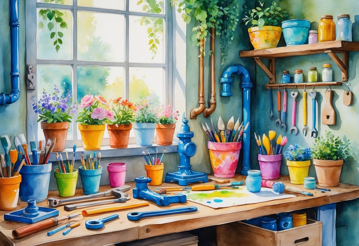 A cozy home workshop with plumbing tools and handmade decorative items on a workbench, surrounded by shelves and plants.