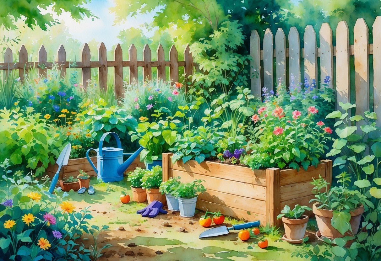 A peaceful garden with green plants, colorful flowers, gardening tools, and a wooden planter box filled with herbs and vegetables.
