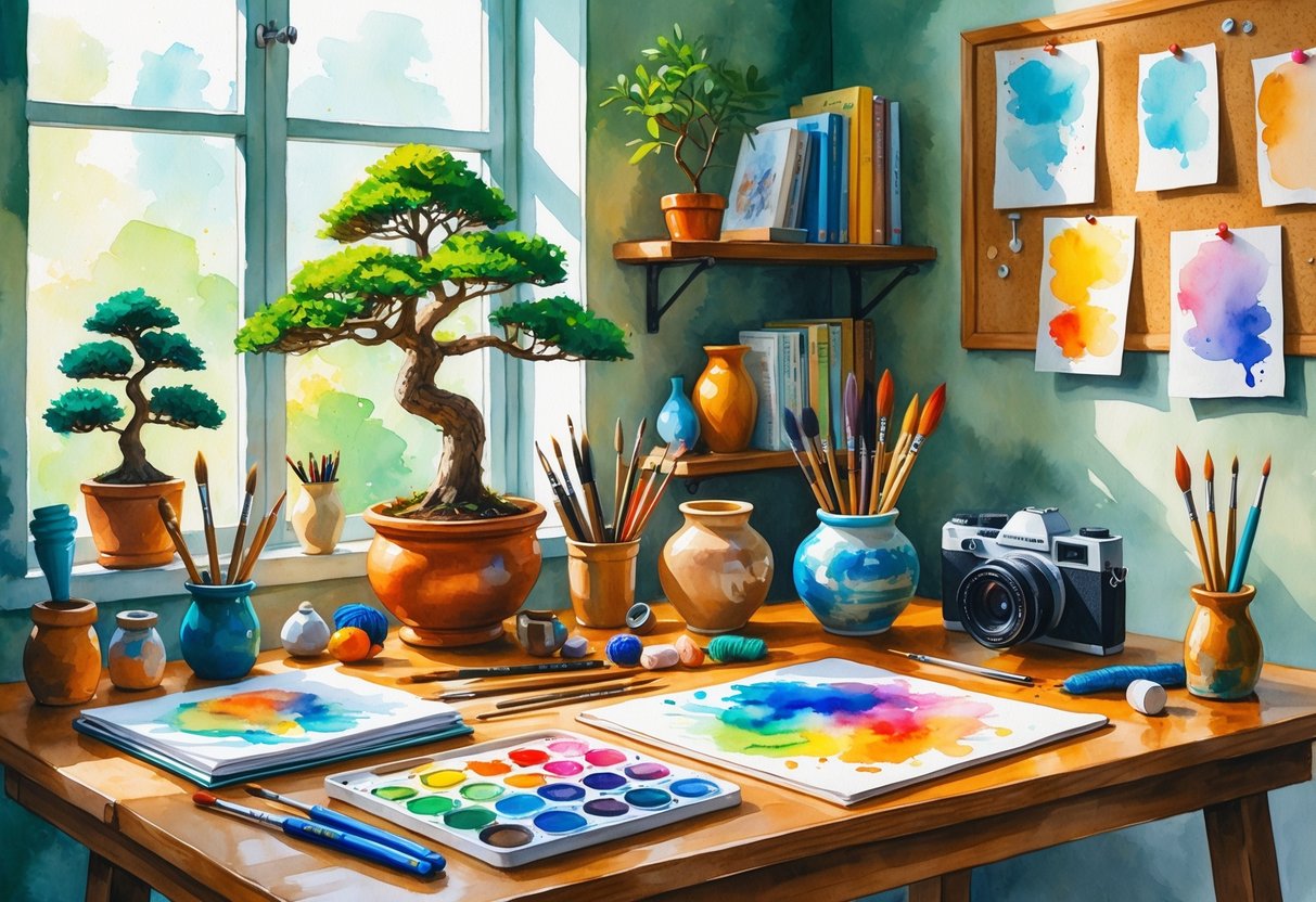 A cozy workspace with art supplies, pottery, knitting materials, a bonsai tree, and plumbing tools arranged together on a wooden table.