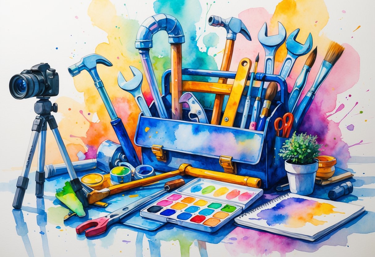 A workspace with plumbing tools, art supplies, a camera, and a sketchbook arranged together on a table.