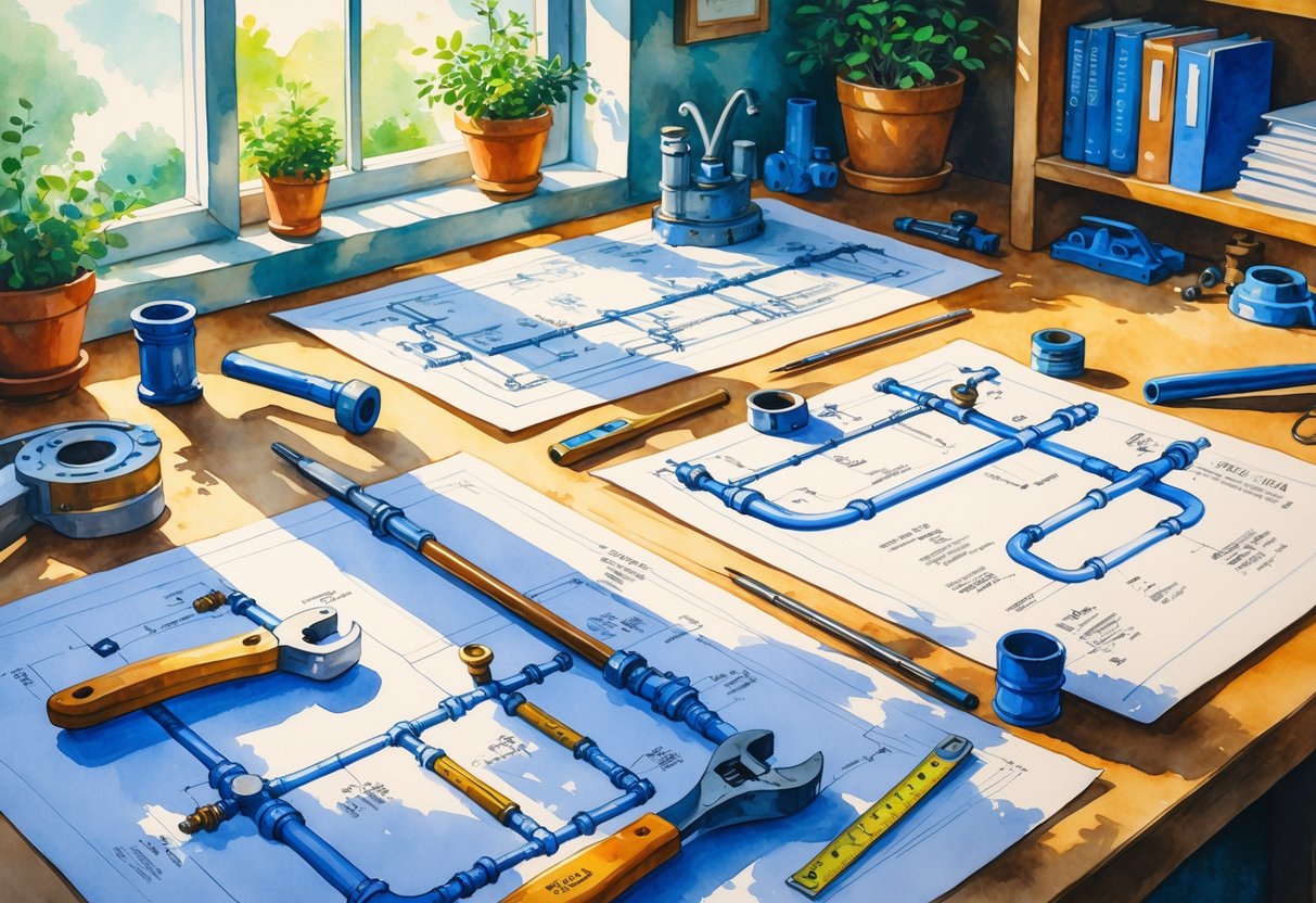 A workspace with plumbing system sketches, tools, and blueprints arranged on a wooden desk near a window.
