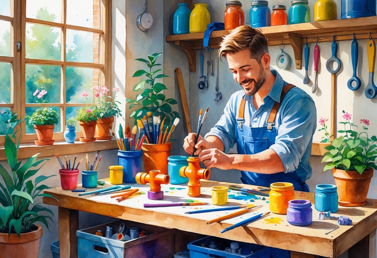 A plumber painting a small ceramic pipe model in a cozy workshop filled with tools, plants, and art supplies.