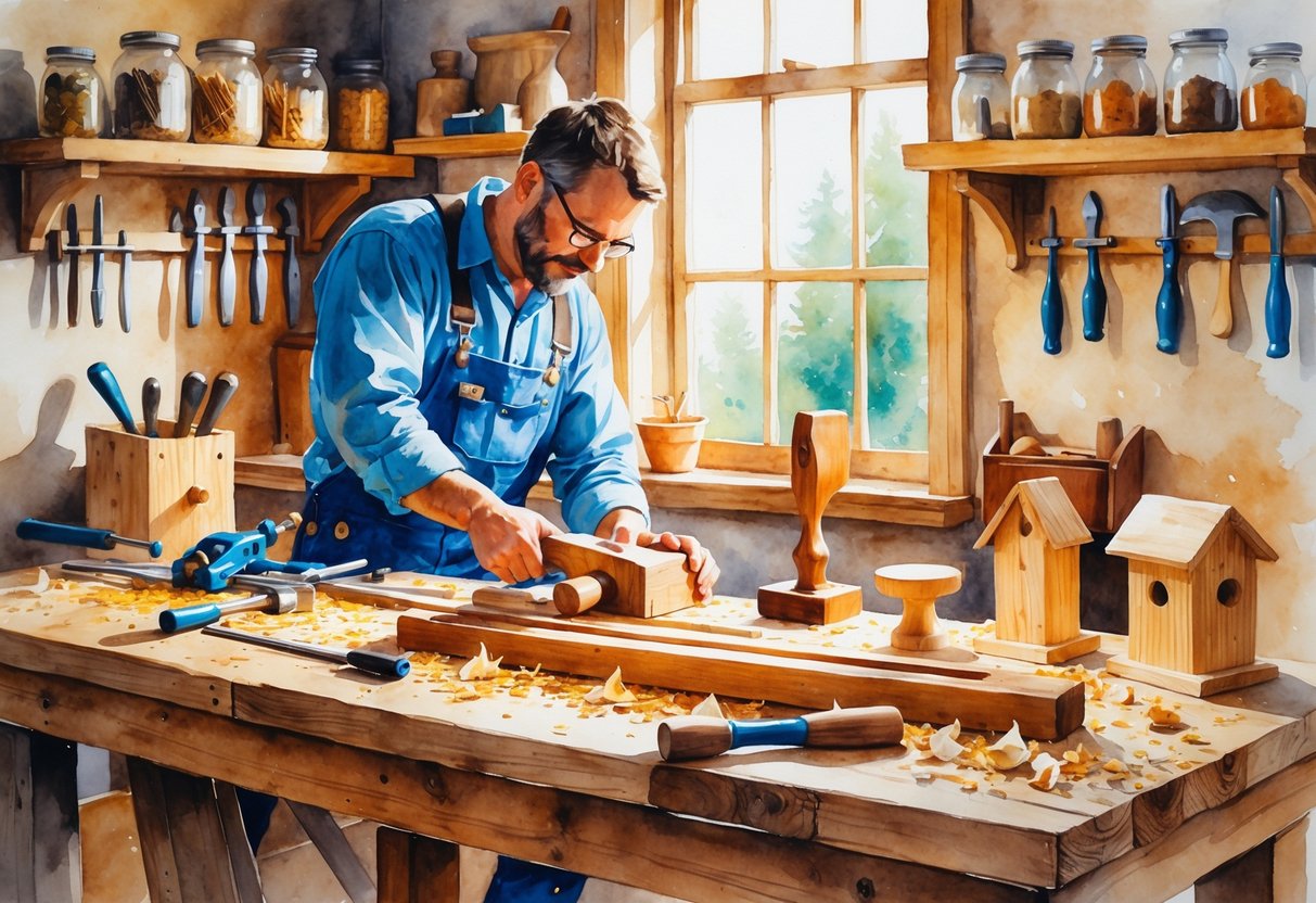 A person working on a woodworking project at a bench surrounded by tools and wooden pieces in a bright workshop.
