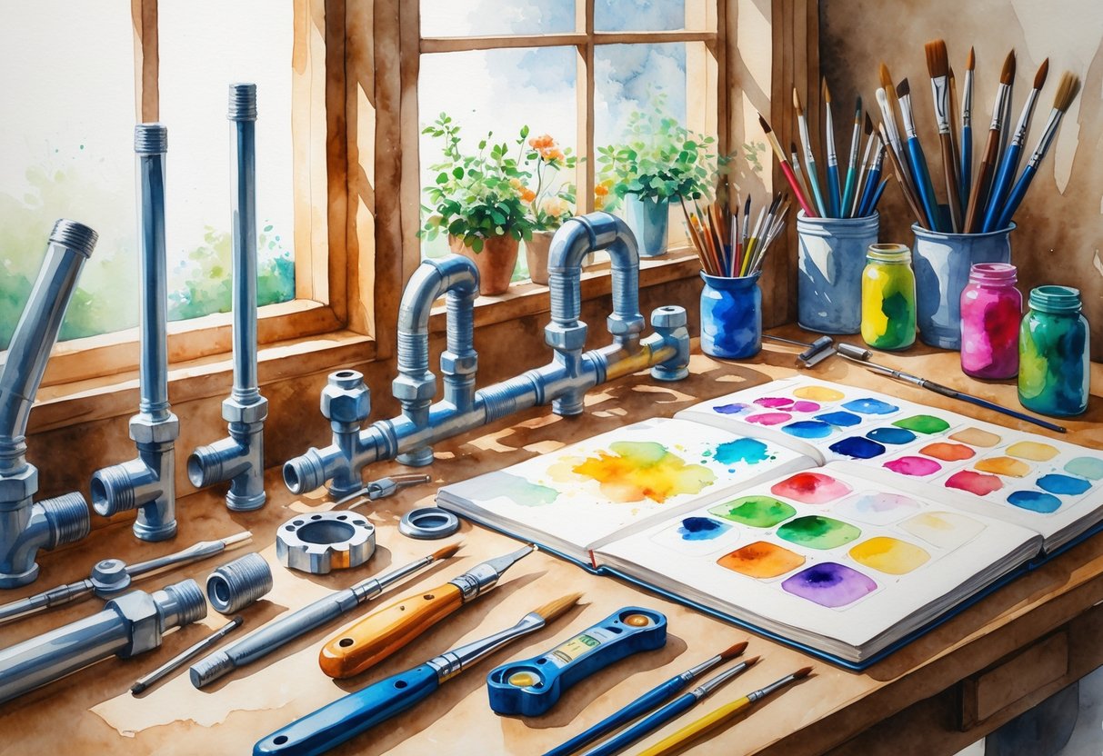 A cozy workshop with plumbing tools on one side and art supplies on the other, showing a balance between plumbing work and creative hobbies.