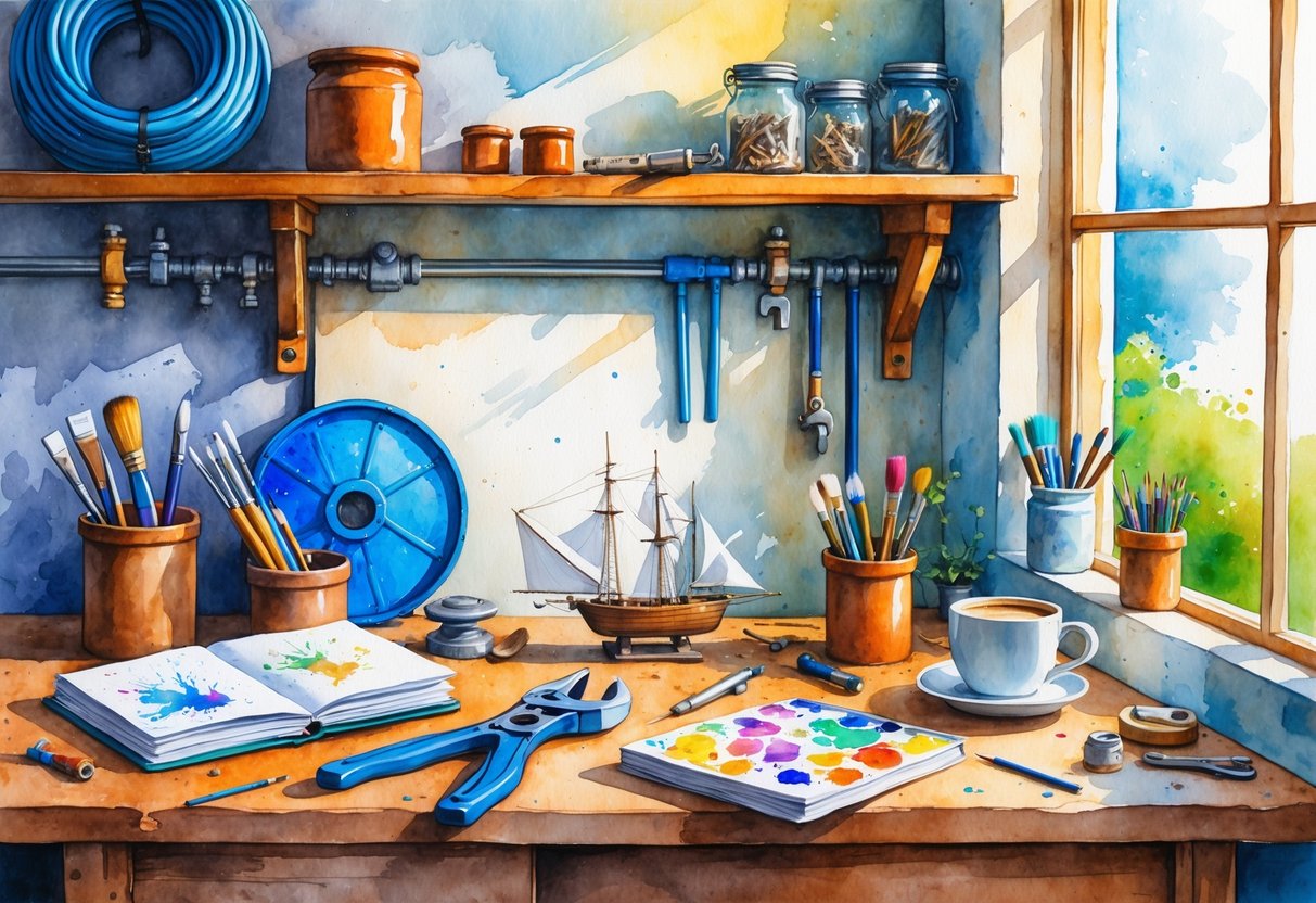 A workspace with plumbing tools, art supplies, a model ship, and a cup of coffee on a wooden bench by a window.