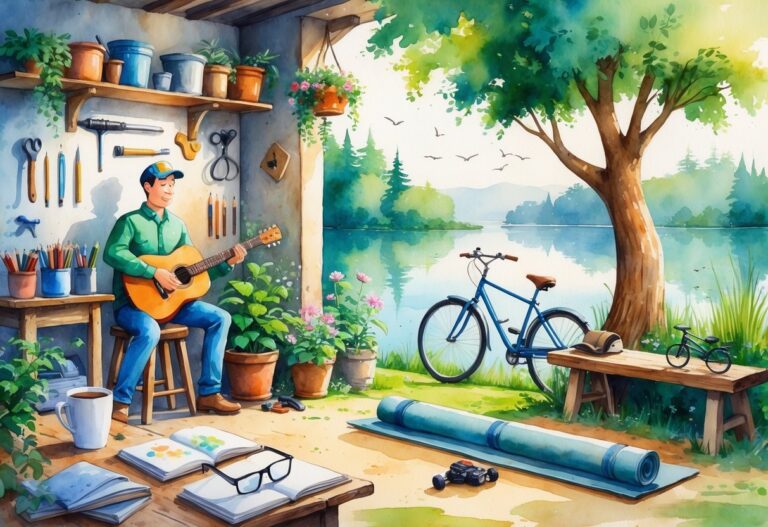 A peaceful scene showing a technician playing guitar, indoor plants, fishing gear by a lake, a sketchbook, a bicycle, a cup of coffee, an open book, model airplanes, and a yoga mat, all arranged to represent relaxing hobbies.