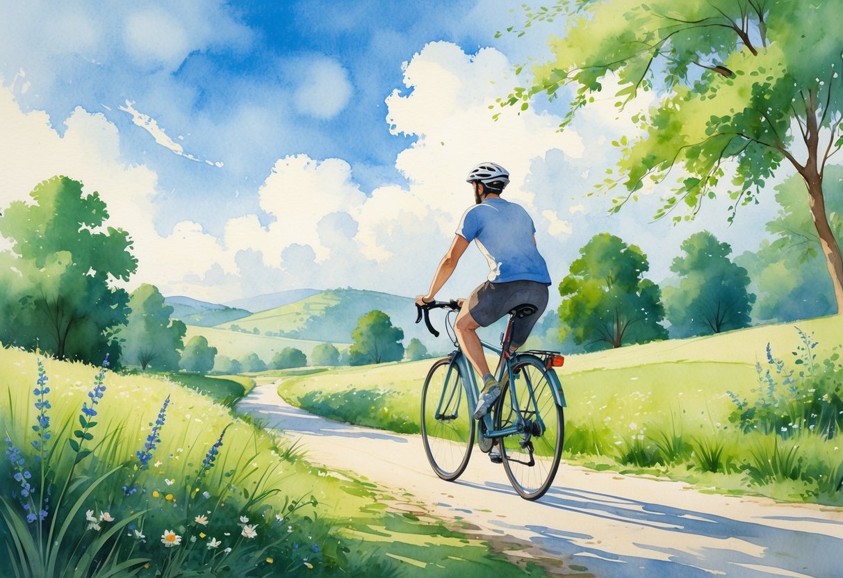 A person cycling on a countryside path surrounded by green hills and wildflowers under a blue sky.