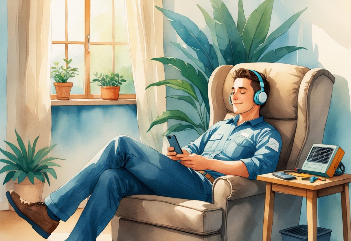 A person sitting in a cozy room listening to headphones with HVAC tools nearby, relaxing after work.