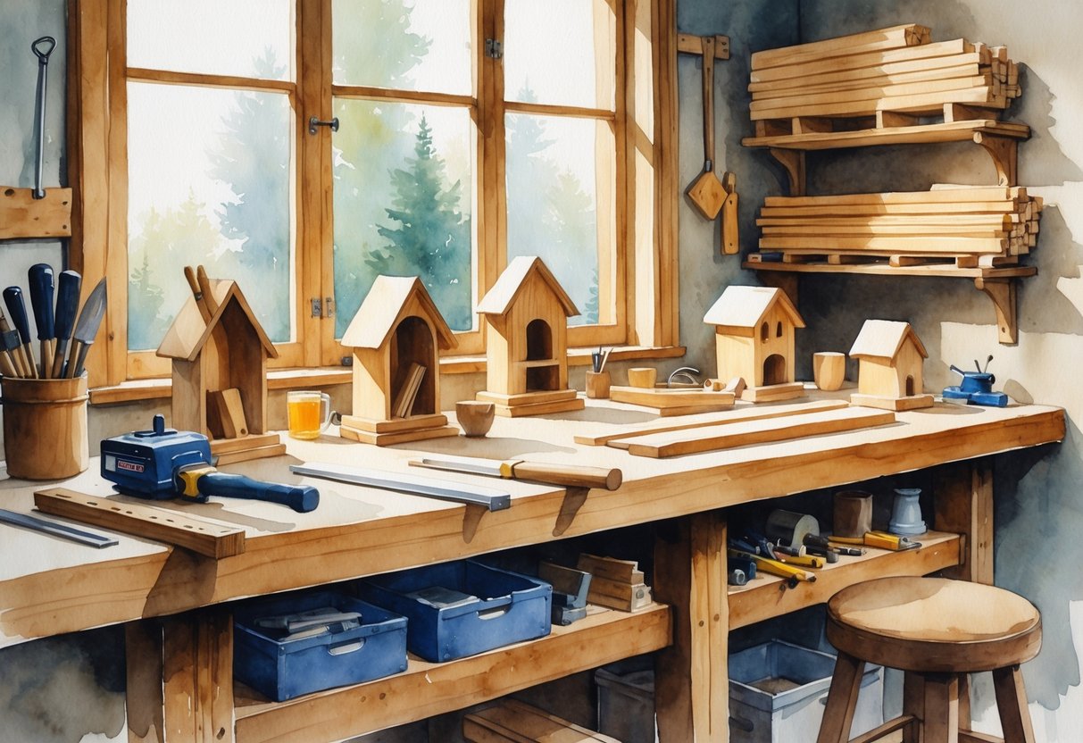 A woodworking workshop with a workbench, tools, wooden items in progress, and soft natural light coming through a window.